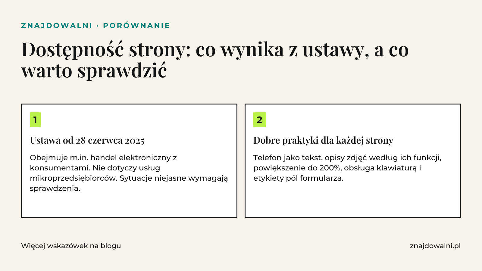 Porównanie: kogo obejmuje ustawa o dostępności i jakie bariery strony warto sprawdzić bez względu na przepisy.